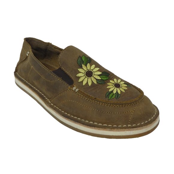 Rank-45 Brown Leather Embroidered Sunflower Slip On Flats Loafers Womens 8 - Picture 1 of 13
